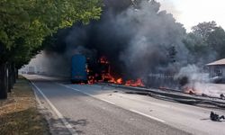 Sakarya'da bariyere çarpan ısıcam yüklü tır yandı