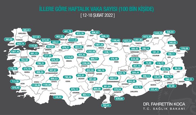 Sağlık Bakanı Koca haftalık vaka haritasını paylaştı