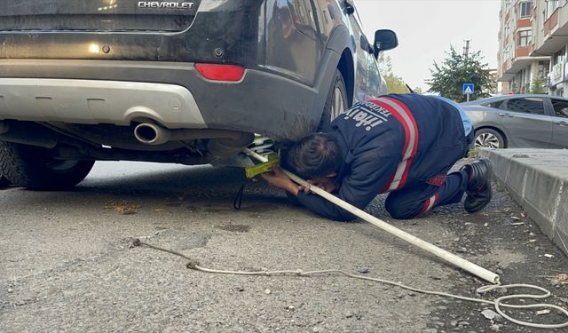 Tekirdağ'da otomobilin altına saklanan yavru kedi itfaiye ekipleri tarafından çıkarıldı