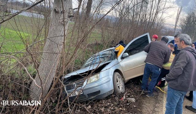 İnegöl’de Kontrolden Çıkan Otomobil Ağaca Çarptı