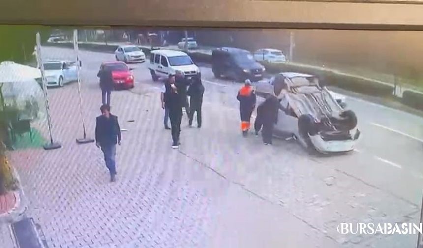 İnegöl’de Otomobil Takla Atıp Refüje Çarparak Durdu