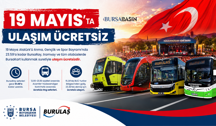 Bursa’da 19 Mayıs’ta Ulaşım Ücretsiz Olacak